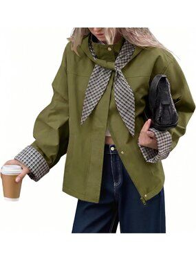 Women's Army Green Casual Jacket With Plaid Detachable Hood Cropped Trench Coats